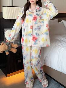 女士彩色长袖上衣和裤子睡衣套装（2件套），春秋季，两件套，秋冬服装