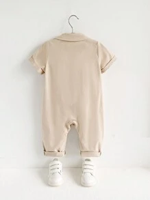 Cozy Pixies 男嬰便捷休閒短袖連體褲，帶翻領和工裝風長褲的時尚休閒裝 - 杏色 - 查看 2