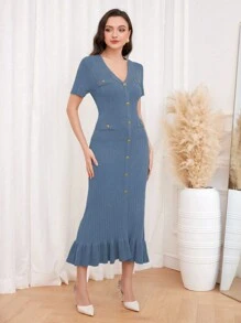 Modelyn Váy len bó sát tay ngắn cổ chữ V cho nữ - Màu xanh lam - Xem 3