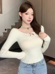 DAZY Women's Solid Minimalist Everyday Bow Accent Patchwork Pullover Sweater,Fall Clothes - Beige - View 7