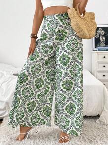SHEIN LUNE Quần dài ống rộng in hoa lưng cao dành cho nữ - Nhiều màu - Xem 3