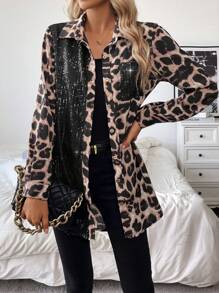 Calvaya 女士豹纹派对秋冬音乐节休闲居家约会黑色亮片纽扣拼接撞色宽松长袖衬衫 - 彩色 - 查看 3