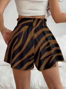Chiquease Women Drawstring Ruched Fashionable Zebra Print Cinched Waist Shorts A-Line Loose Shorts - Khaki - View 2