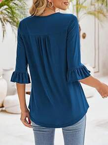 INAWLY Maglietta elegante a maniche corte con scollo quadrato e colore unito da donna - Blu - Visualizzare 2