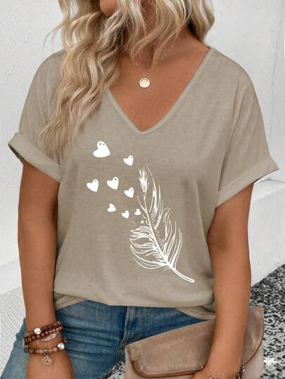 INAWLY Plus Size Women's Feather & Heart Print V-Neck Flare Cuff Casual T-Shirt Graphic Tees Women Tops