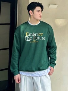 DAZY Men Autumn Lettering Pullover Sweatshirt - Green - View 5