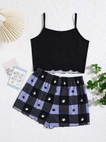 SHEIN 2pcs Teen Girls Simple Cute Letter Print Cami Vest & Shorts Flame Resistant Pajama Set - Black - View 2