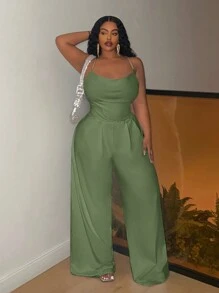 Slaydiva 大码优雅通勤修身纯色无袖链式肩带、深 V 领、阔腿、半透明女式长款连体裤、夏季款式 - 綠色 - 查看 5