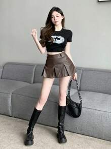 DAZY Váy bút chì PU đơn giản, màu trơn, thường ngày cho nữ, váy da, váy thu - màu nâu - Xem 2