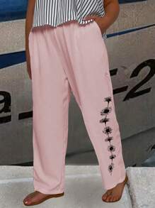 SHEIN LUNE Plus Size Solid Color Floral Print Casual Straight Pants Fall Cloth For Women