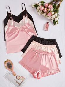 SilkySpell 6pcs Solid Color Ruffle Strap Short Pajama Shorts & Sleepwear Sets, Faux Silk - Multicolor - View 3