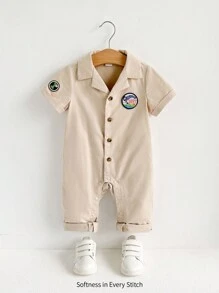 Cozy Pixies 男嬰便捷休閒短袖連體褲，帶翻領和工裝風長褲的時尚休閒裝 - 杏色 - 查看 1