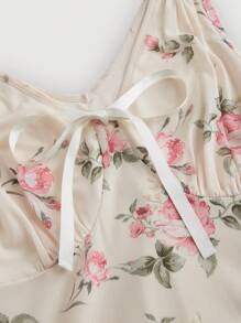 SHEIN MOD 女士复古花卉印花中长连衣裙、演唱会女装、婚礼节庆服装 - 杏色 - 查看 3