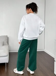 SHEIN 少女针织字母印花图案圆领运动衫和斜口袋运动裤，休闲两件套 - 墨綠色 - 查看 2