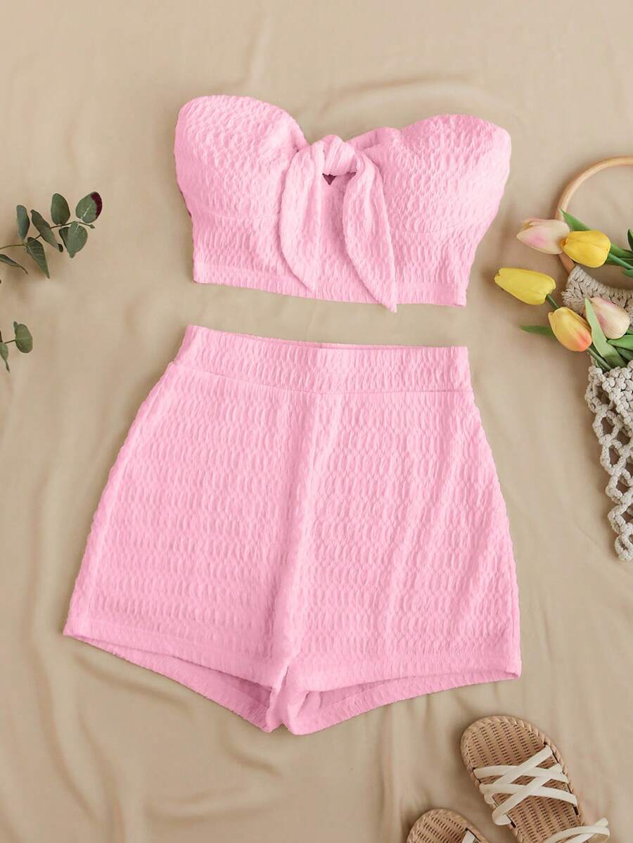 Soleia Solid Color Bandeau Top & High Waisted Shorts Texture Set For Summer - Pink - View 1