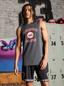 Manfinity Sport Corelite Boyfriend Style Men's Round Neck Sleeveless Letter Character Print Simple Tops For Daily Leisure - Dark Grey - View 1