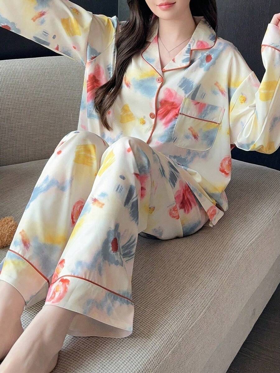 女士彩色长袖上衣和裤子睡衣套装（2件套），春秋季，两件套，秋冬服装