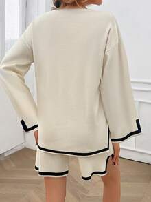 2pcs Casual Color Block Trim Long Sleeve Sweater And Shorts Set, Spring Autumn - Apricot - View 2