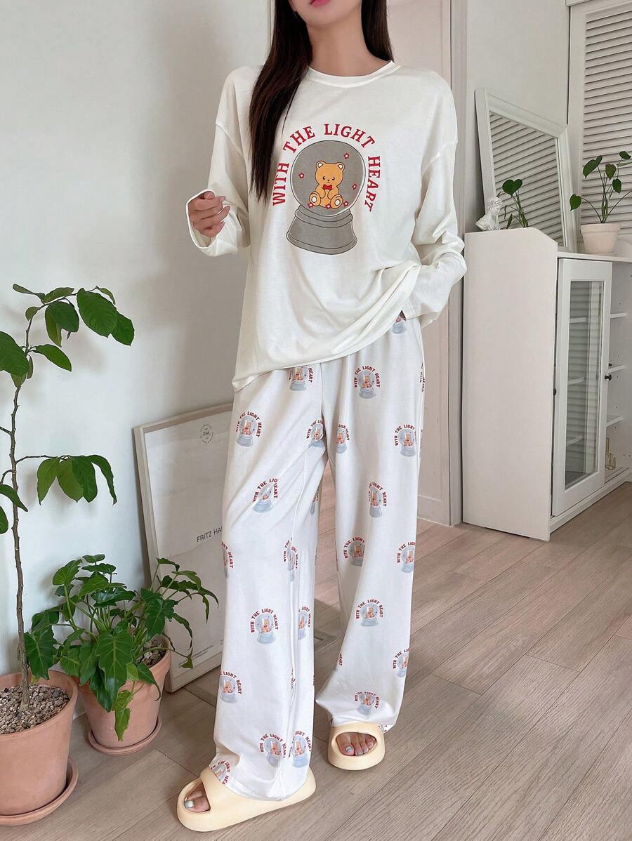 DAZY Cute Bear Letter Print Loose Fit Long Sleeve Top And Pants Pajama Set