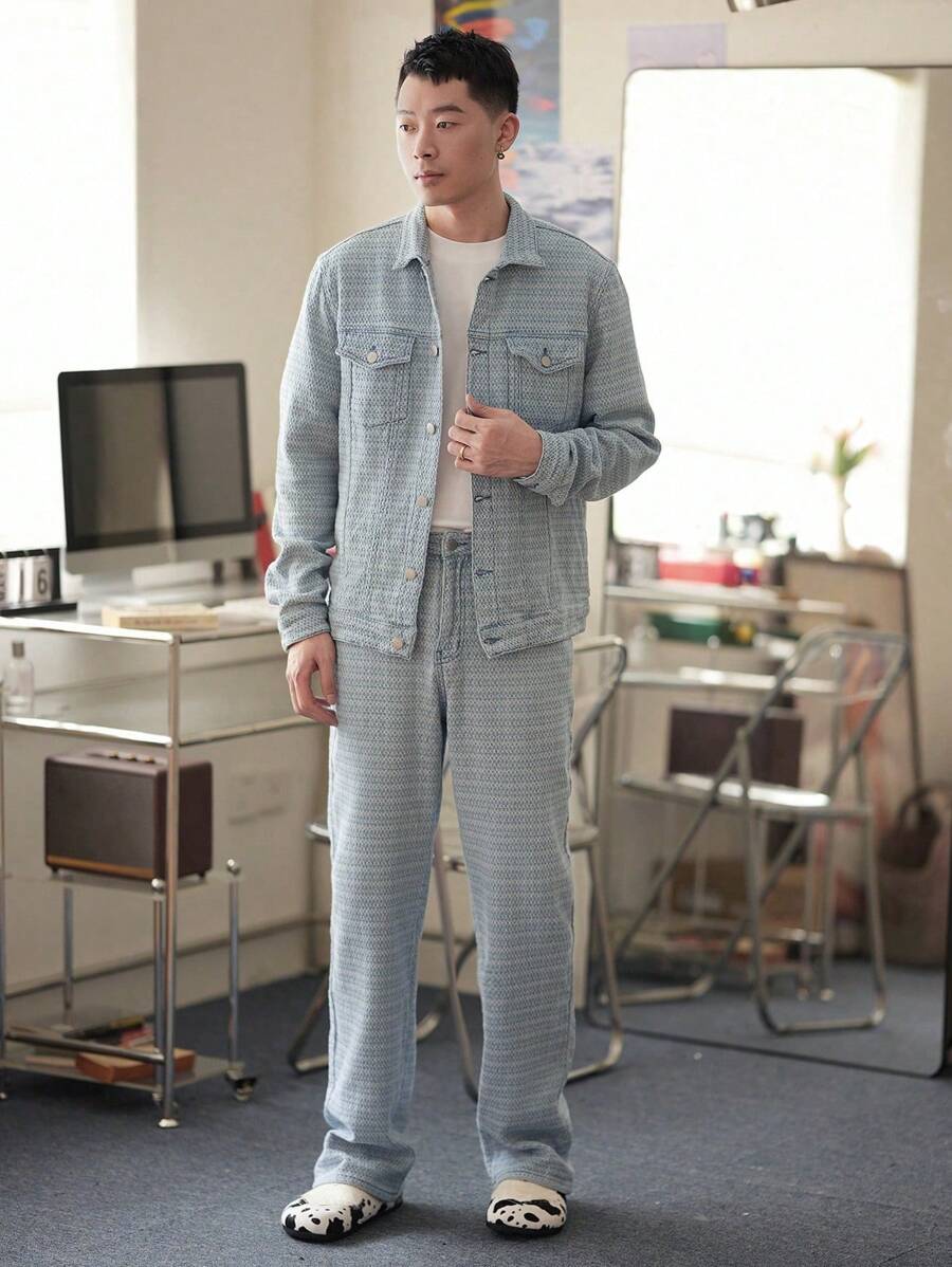 Claim Dot Men Light Blue Jacquard Denim Jacket & Jeans Set, Teacher Clothes