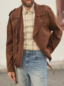 RivetRise Áo khoác denim hình hộp bằng da PU màu nâu phong cách retro Y2K dành cho nam - màu nâu - Xem 1