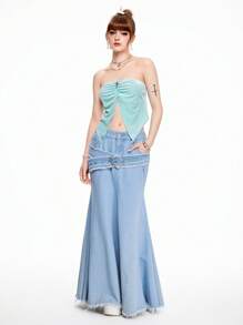 ROMWE Grunge Punk Falda vaquera larga ajustada con hebilla con forma de corazón en la cintura y cola de pez para mujeres - Celeste - Ver 5