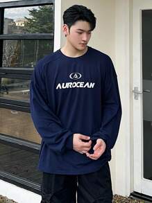 DAZY Áo thun nam dài tay cổ tròn in chữ trễ vai, mùa xuân/thu - Màu xanh hải quân - Xem 1