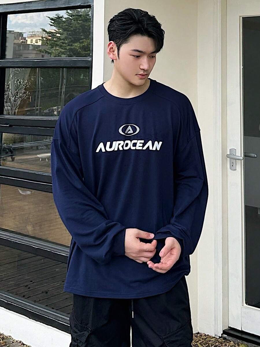 DAZY Áo thun nam dài tay cổ tròn in chữ trễ vai, mùa xuân/thu - Màu xanh hải quân - Xem 1