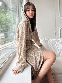 DAZY Women's Comfortable Loose Textured Knit Fabric Hooded Simple Loungewear Robe Pajama - Khaki - View 3