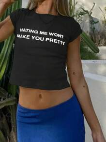 SHEIN Women Contrasting Letter Print Round Neck Short Sleeve T-Shirt Graphic Tees Women Tops - Black - View 3