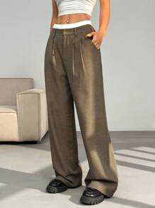 SHEIN EZwear Elegante schwarze & weiße karierte Hose mit Kontrastbund, weite gerade Passform, lässig, Herbst Winter