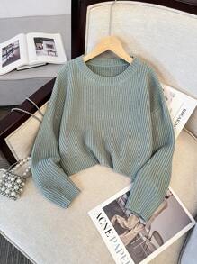 Young Girl Casual Solid Color Round Neck Long Sleeve Knitted Top, Versatile Autumn/Winter