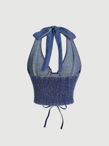 SHEIN MOD Phụ Nữ Dây Buộc Cổ Dây Đeo Phía Trước Thời Trang Thanh Lịch Hợp Thời Trang Mặc Denim Top - Rửa tối - Xem 2