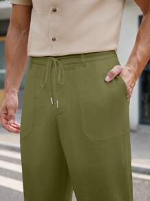 Manfinity VCAY 男士腰带纯色直筒宽松编织休闲裤 - 軍綠色 - 查看 3
