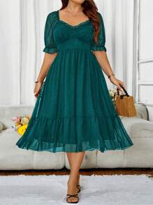 Flirla Plus Size Square Neck Short Sleeve Chiffon Dress - Teal Blue - View 7