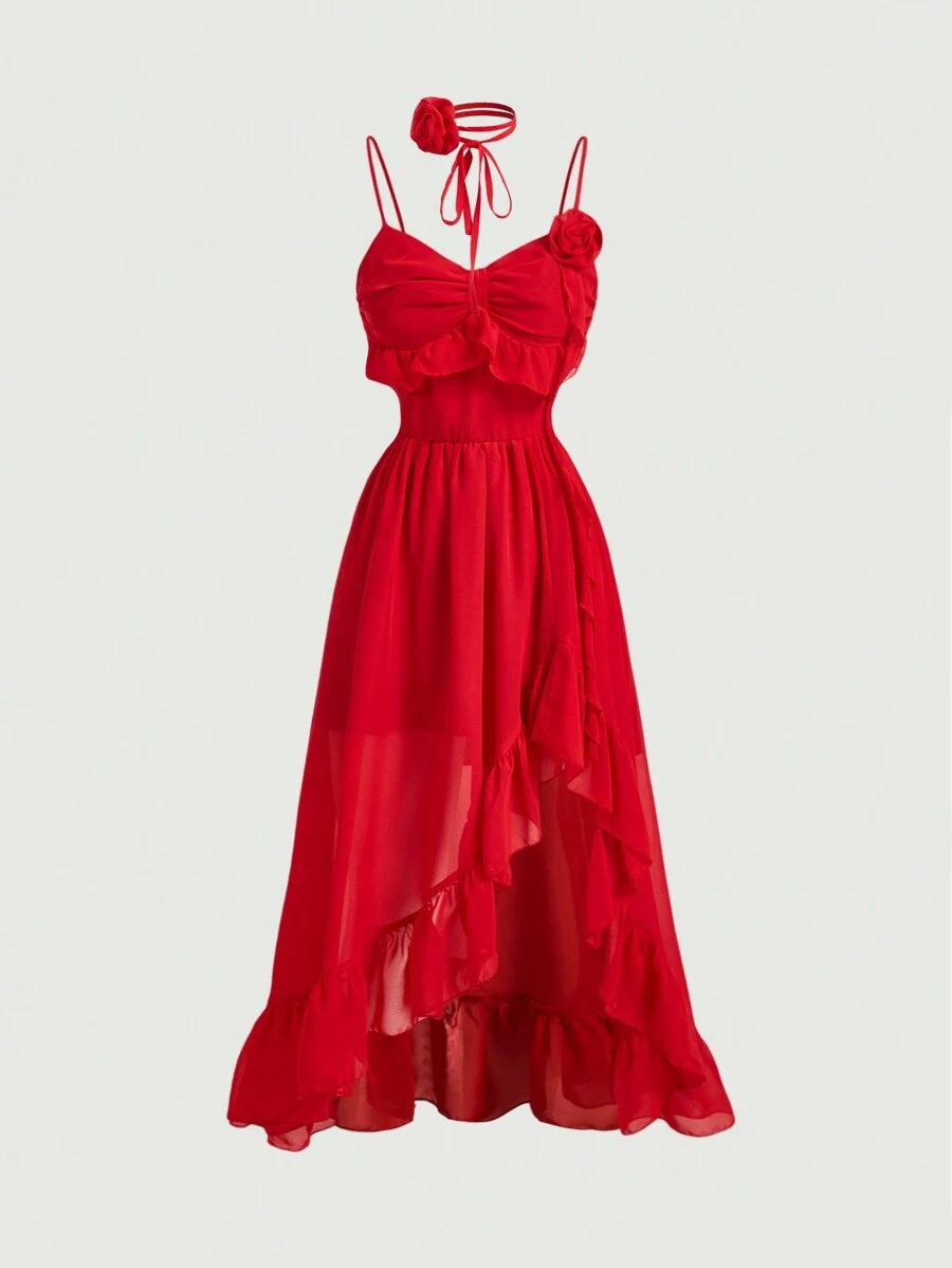 SHEIN MOD Blue Summer Holiday Date 3D Flower Ruffle Trim High Slit Dress - Red - View 1
