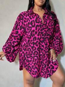 SHEIN SXY Plus Size Women's Leopard Print Lantern Sleeve Curved Hem Shirt, Suitable For All Seasons, Date Night, Birthday, Bachelorette Party, Casual, Shopping, Streetwear, Going Out, Vacation, Easy To Match&Looks Slim, Flatter The Figure