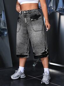 SHEIN ICON 大码夏季休闲牛仔裤，带口袋和纽扣 - 灰色 - 查看 3