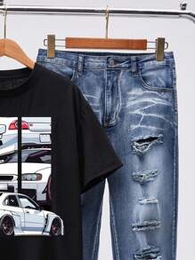 SHEIN Conjunto para adolescente de 2 piezas con estampado de coche informal, camiseta y pantalones vaqueros con agujeros desgastados, primavera/verano