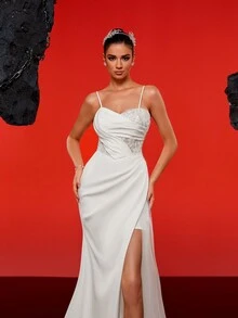 Spaghetti Strap Sexy Lace Patchwork High Slit Fish Tail Long Evening Dress - White - View 6