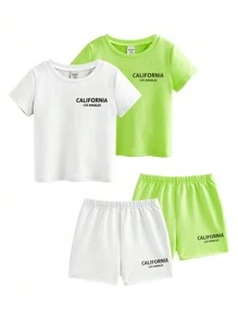 SHEIN Set di maglietta a maniche corte a maglia e pantaloncini con vita elastica per bambino/a sportivo/a casual con stampa a lettere, combinazioni multiple (2 set/4 set)