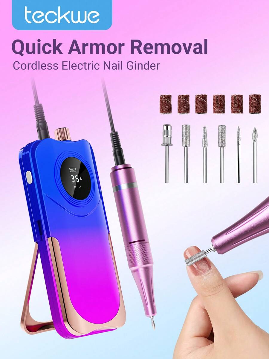 Teckwe Perceuse à ongles,Meuleuse électrique portable haute vitesse,35000 tr/min avec affichage LED,Machine à limer les ongles électrique portable rechargeable sans fil avec kit de forets pour manucure pédicure polissage façonnage sculpture polissage - Prise EU