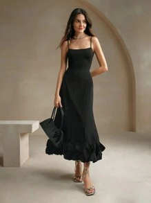 Anewsta Women's Solid Color Spaghetti Strap Ruffle Hem Dress, Casual Daily Wear Maxi Women Outfit - Black - View 1