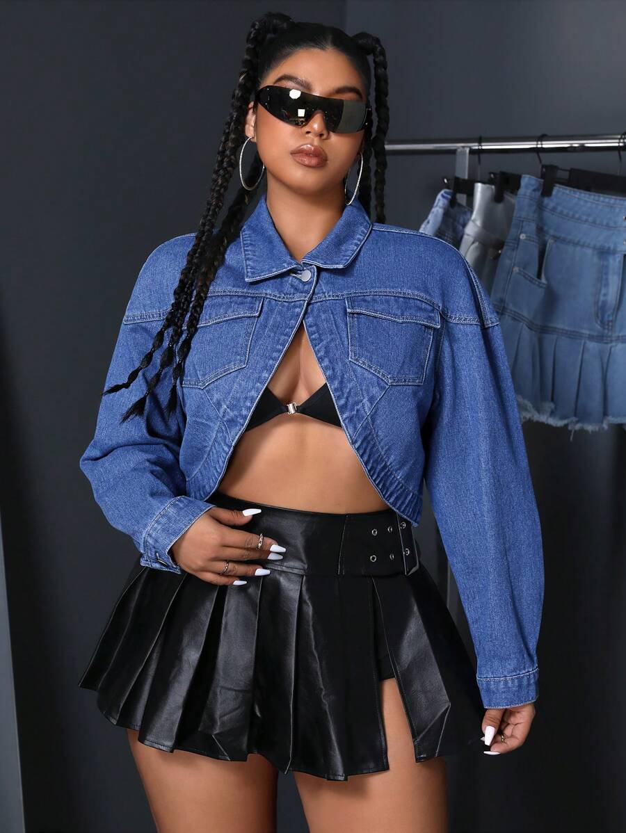 SHEIN ICON Áo khoác denim cỡ lớn đơn ngực mặc hàng ngày - Rửa trung bình - Xem 1