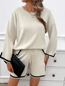 2pcs Casual Color Block Trim Long Sleeve Sweater And Shorts Set, Spring Autumn - Apricot - View 6
