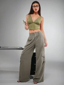 SHEIN Unity Áo hai dây hở vai cổ chữ V sâu gợi cảm cho mùa hè - xanh quân đội - Xem 6