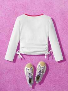 Nick 90s | SHEIN 年轻女孩拼色卡通印花休闲长袖褶皱侧 T 恤 - 白色 - 查看 2