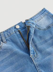 SHEIN Quần short denim rách nhiều túi cài nút phía trước cho bé gái tuổi teen - Rửa nhẹ - Xem 3