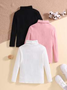3 piezas Tops de manga larga con cuello alto de punto de unicolor básico para niñas preadolescentes