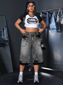 SHEIN ICON 大码夏季休闲牛仔裤，带口袋和纽扣 - 灰色 - 查看 4